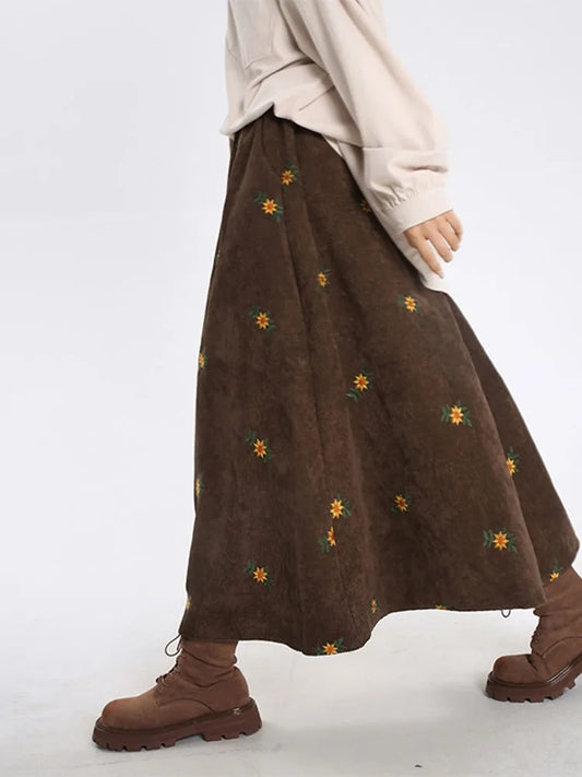 Korean Style High Waist Corduroy Embroidery Long Skirt Women Autumn Winter Loos image 0