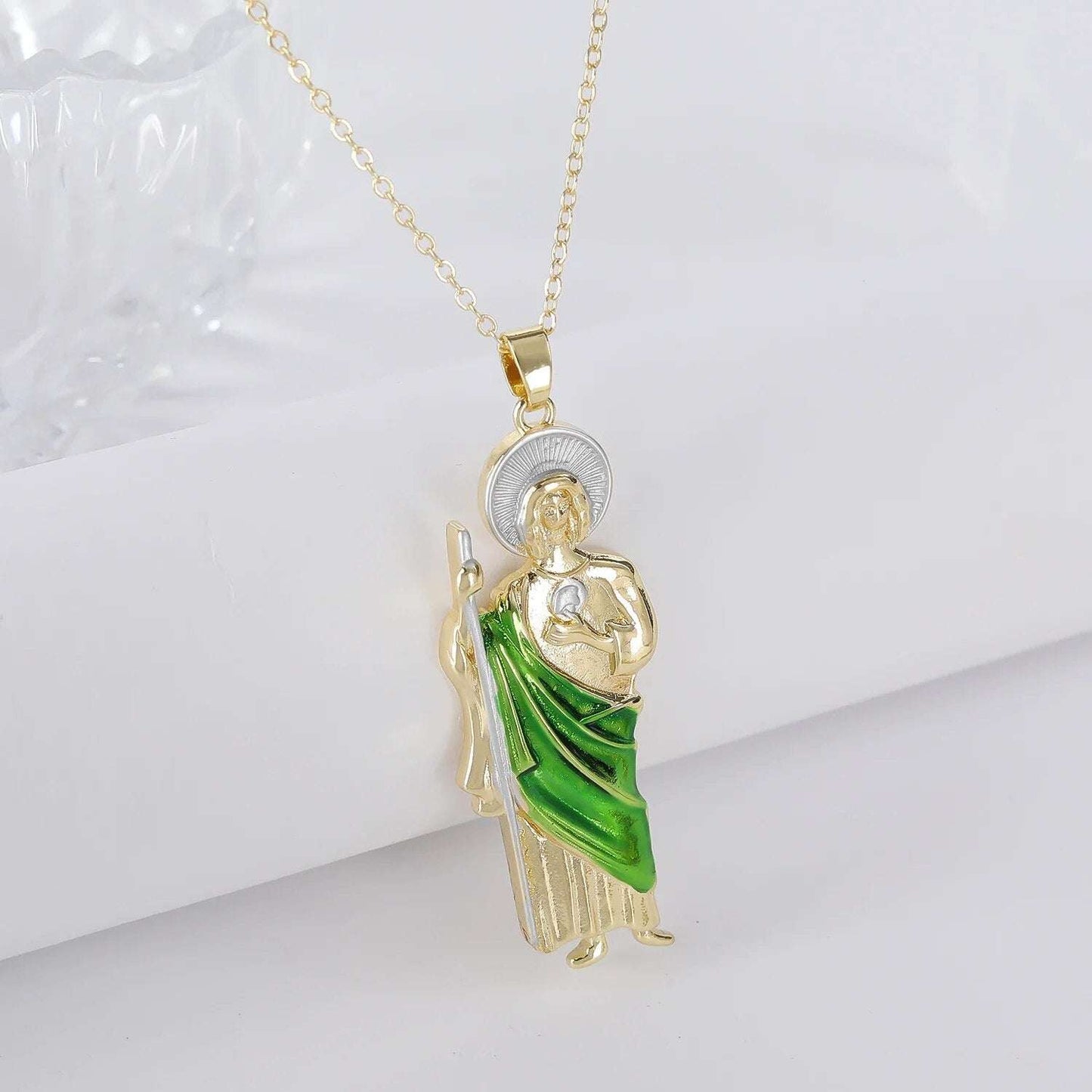 Green Pink Gold Color San Judas Tadeo Pendant Necklace 3 Sizes Gold Necklace fo image 5