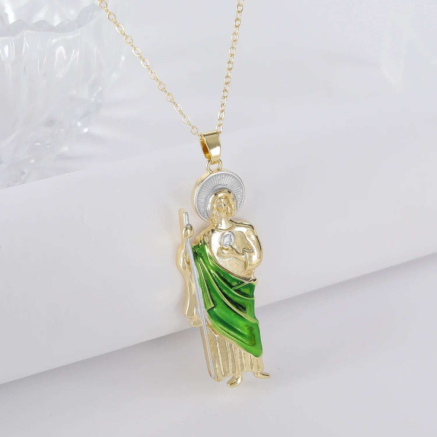 Green Pink Gold Color San Judas Tadeo Pendant Necklace 3 Sizes Gold Necklace fo image 5