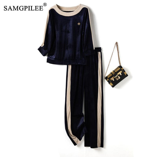 Women's Tracksuit Casual Gold Velvet Sports Two Piece Set For Woman Contrasting image 0