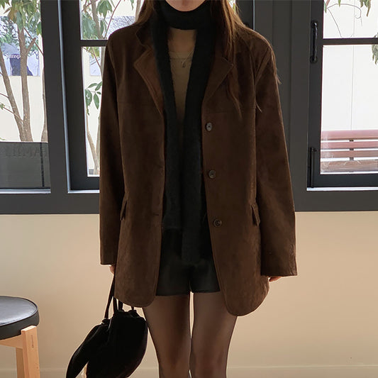 Khaki Coffee Women Suede Suit Jackets Elegant Lady Office Work Chamois Blazers  image 0