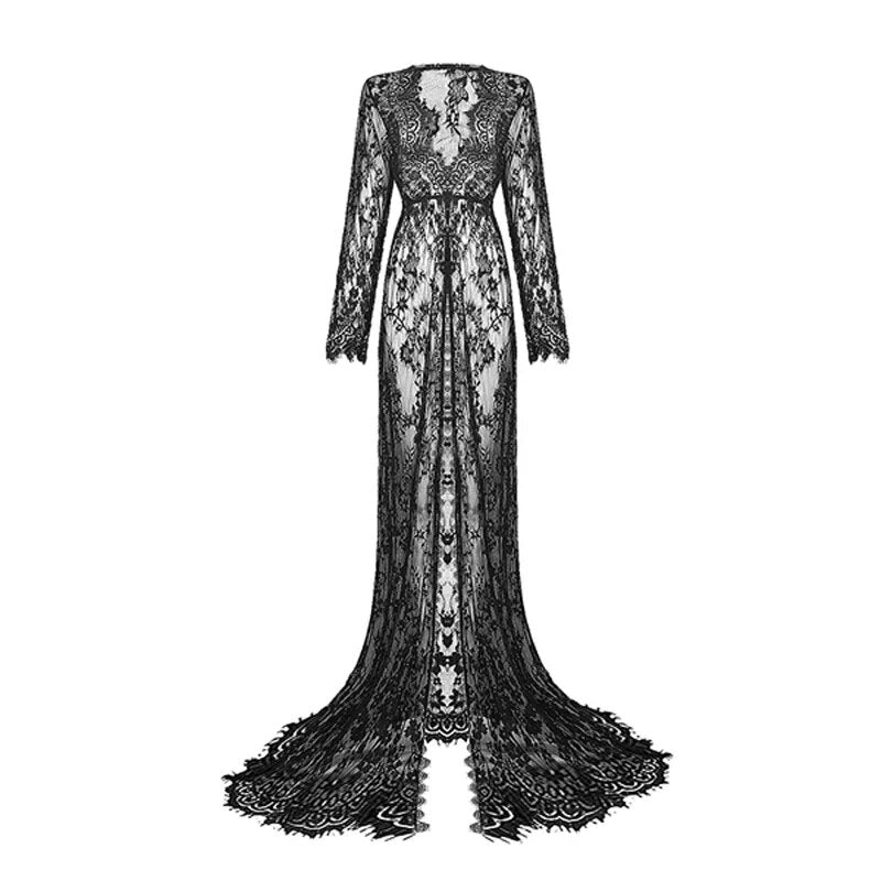 Women Front Split Long Maxi Maternity Lace Dress Pregnant Gown Photography Prop image 2