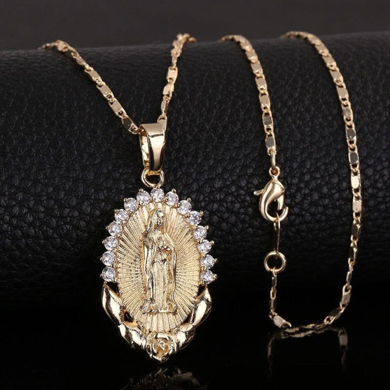 Holy Virgin Mary Pendant Necklace Religion Dainty Golden Christian Cubic image 2