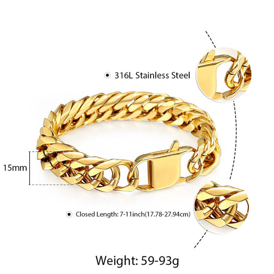 10mm 15mm Gold Color Black 316L Stainless Steel Bracelet for Men Double image 0