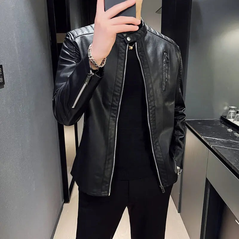 Spring and Autumn Men's Motorcycle Leather Jacket Casual Stand Collar Solid Col image 4