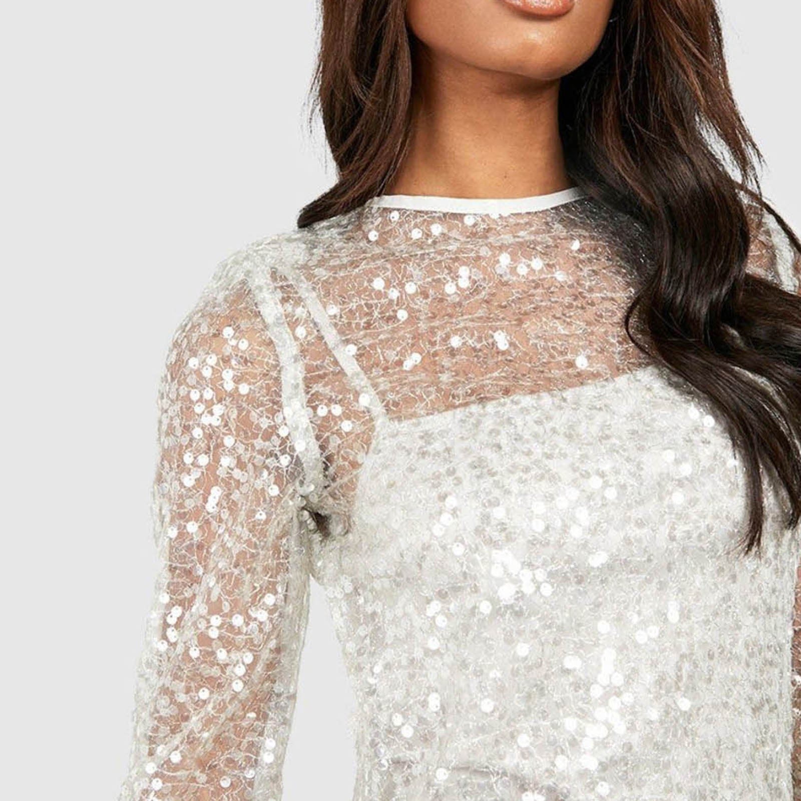 Women's Elegant White Sequins Mini Dress Fashion Crisscross Lace-up Backless Lo image 4