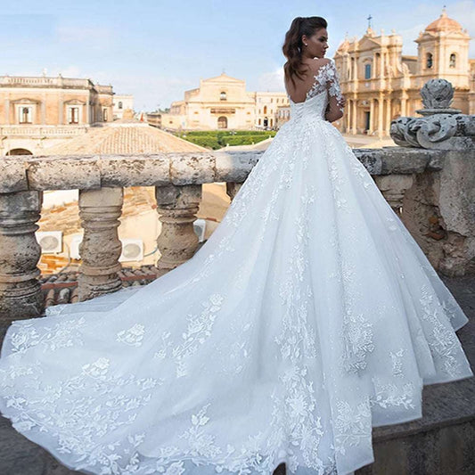 Elegant Wedding Dresses 2023 Illusion Long Sleeve White Ivory Applique Lace Lad image 0