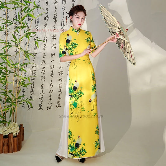 2024 vietnam aodai dress traditional chinese improved qipao national crane prin image 0