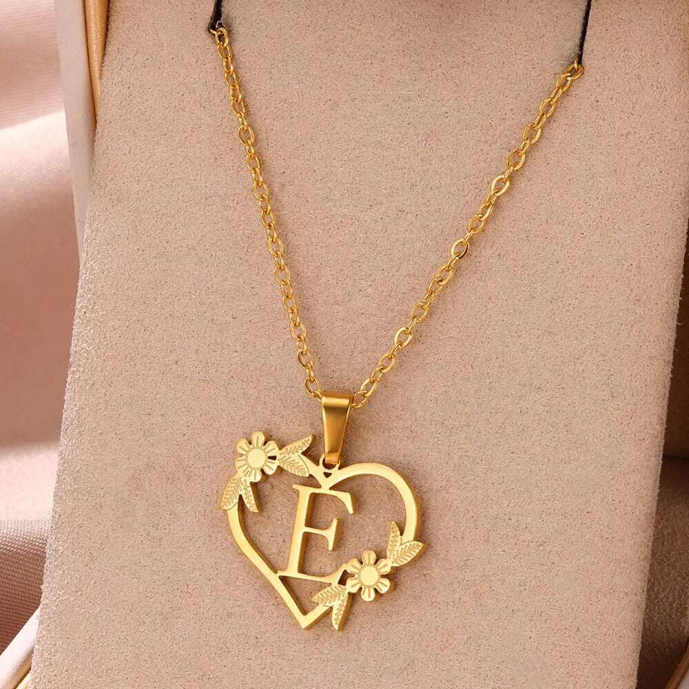 Gold Color Dainty Flower Initials Necklace Women Girl Stainless Steel Heart Let image 4