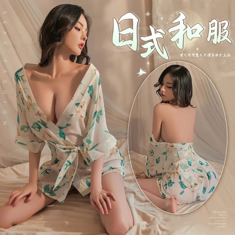 Japanese Kimono Lingerie Women's Chiffon Printing Nighties See-through Ski image 3