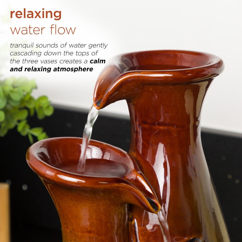Indoor Tiered Glossy Ceramic Vase Tabletop Fountain, Brown/Gray image 5