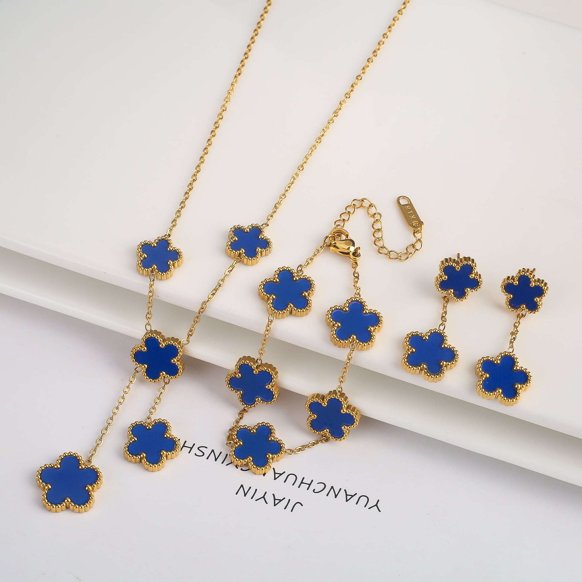 3Pcs 18k Gold-Plated Five-Leaf Flower Necklace Earrings Bracelet Jewelry Set Fo image 16