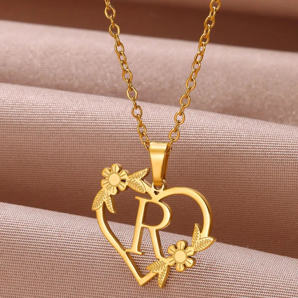 Gold Color Dainty Flower Initials Necklace Women Girl Stainless Steel Heart Let image 28