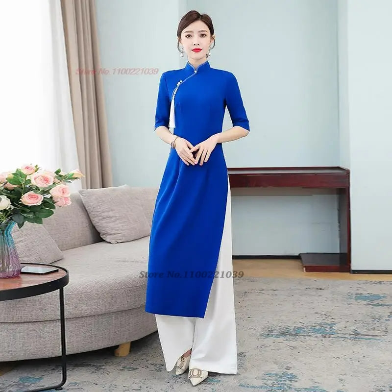 2024 vietnam traditional clothing aodai vietnam dress+pants set improved cheong image 1