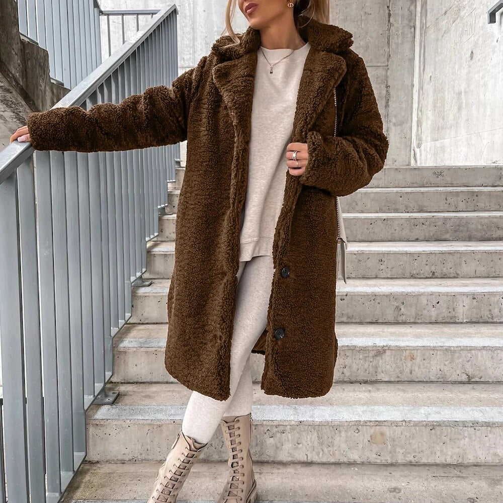 Fall/Winter New Flannel Coat Women Casual Solid Color Plush Lapel Long Sleeve J image 6