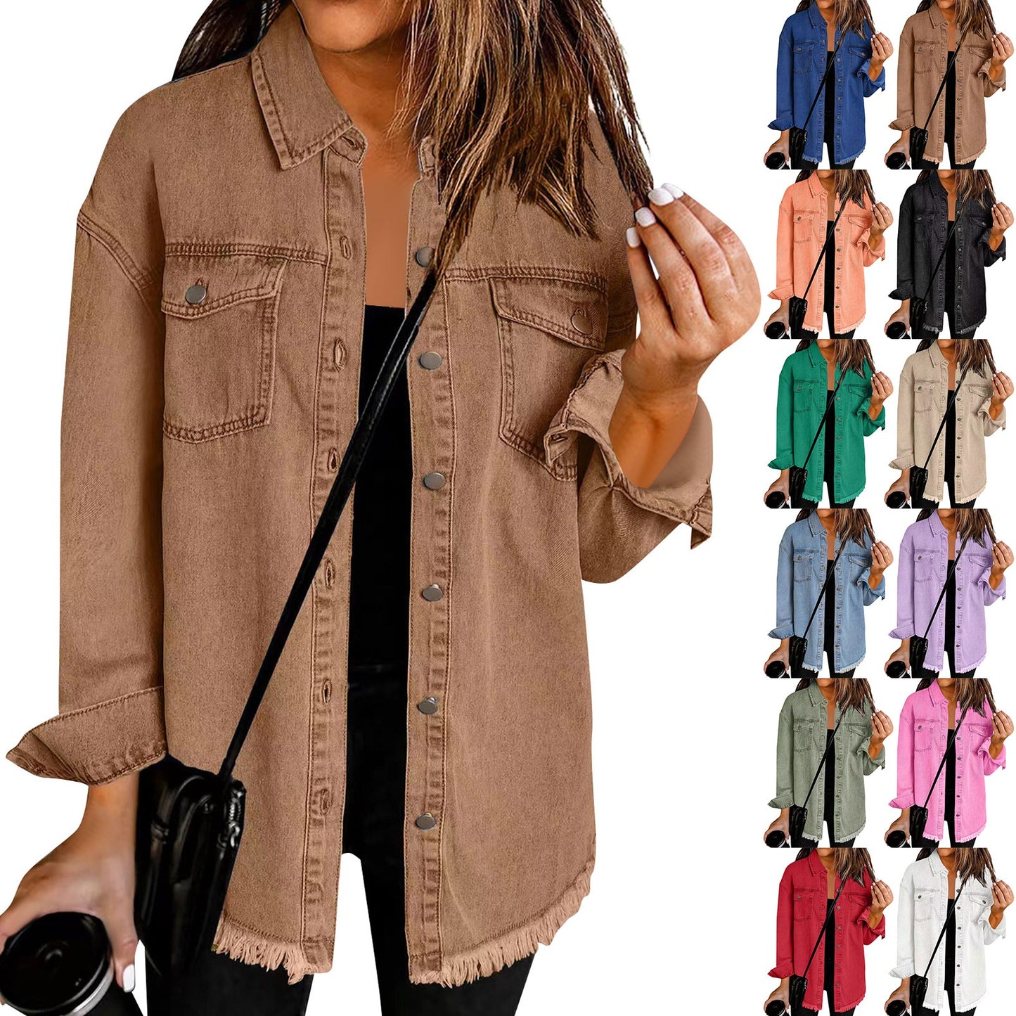 Women'S Fashion Denim Shirt Jacket Milled Hem Button Casual Long Sleeve Jacket  image 12