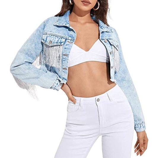 Women s Denim Jacket with Long Sleeves Turn-down Collar Button Closure and Tass image 0