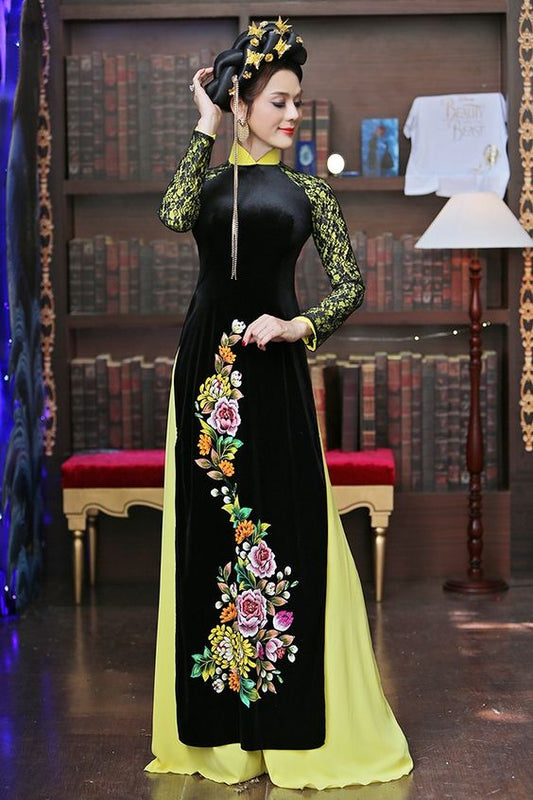 Customized Black Velvet Women Aodai Vetnam Clothing Long Cheongsam Aodai Vietna image 0