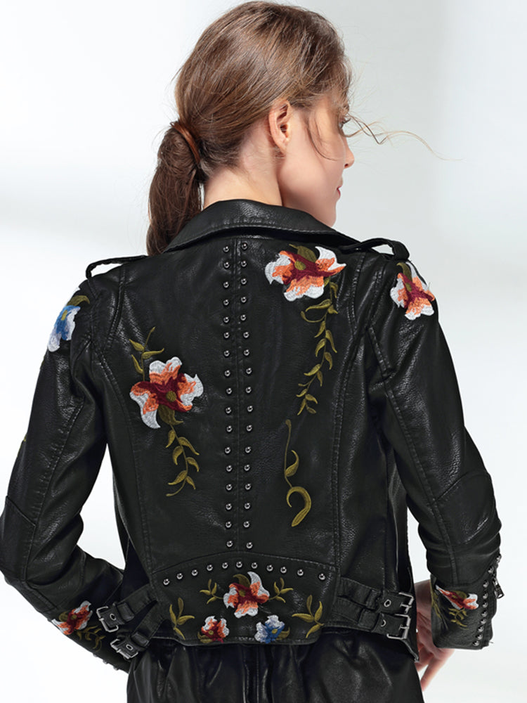 Ftlzz Women Floral Print Embroidery Faux Soft Leather Jacket Coat  Turn-down Co image 3