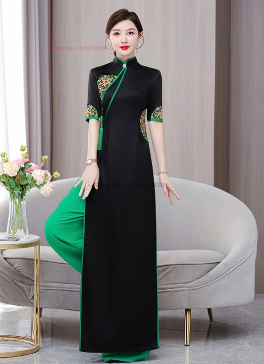 2024 vietnam traditional aodai dress+pants set national flower embroidery impro image 0