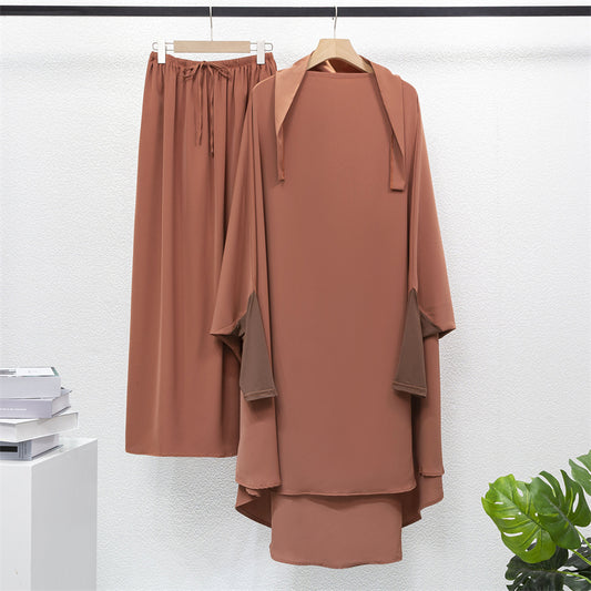 Muslim Sets Two Pieces Long Hooded Smocking Sleeve Shirts Loose Maxi Skirts Mus image 0