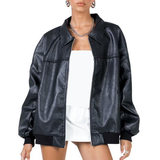 Women s Faux Leather Moto Jacket Stylish Lightweight Zip-Up Coat with Long Slee image 0