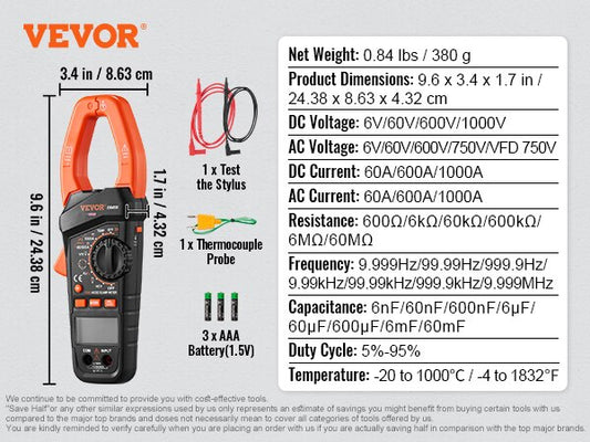 VEVOR Digital Clamp Meter T-RMS 600A/1000A Clamp Multimeter Tester AC/DC Curren image 0