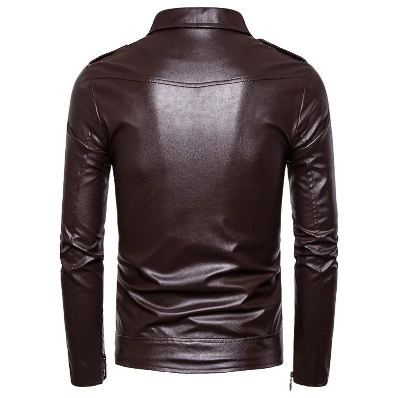 Mens Leather Jackets New White Black Casual Lapel Slim Fit Diagonal Zipper Moto image 4
