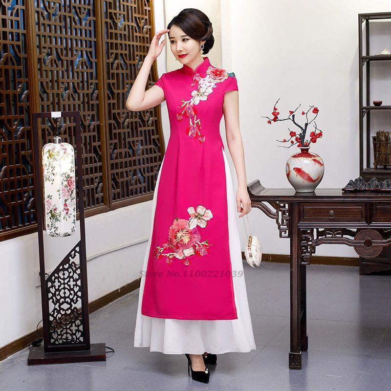 2024 vietnamese aodai vietnam cheongsam folk style qipao chinese flower embroid image 1