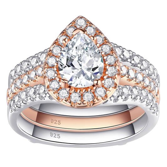 Newshe 2 Pieces Oval Pear Cut 925 Sterling Silver Rose Gold Engagement Ring image 0