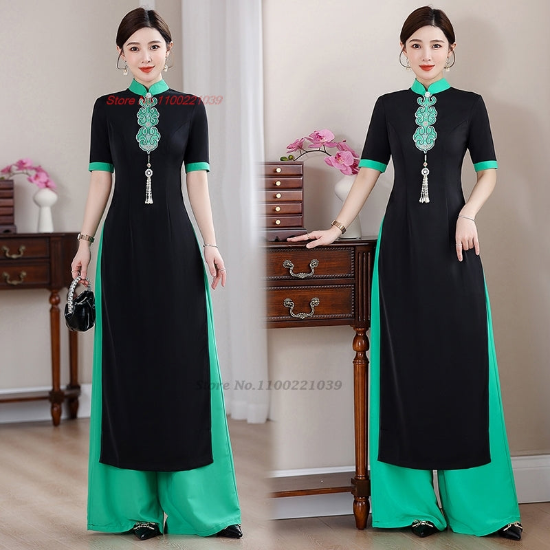 2024 traditional vietnam aodai dress+pants set flower embroidery dress ao dai v image 2