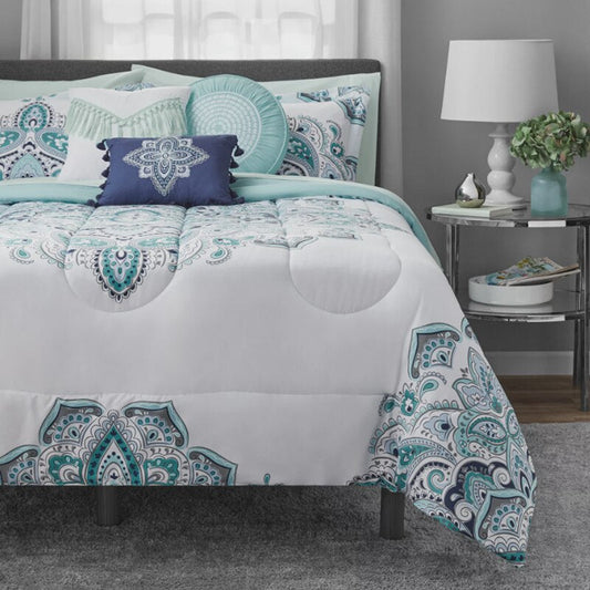 Mainstays Teal Medallion 10 Piece Bed in a Bag Comforter Set with Sheets, Queen image 0