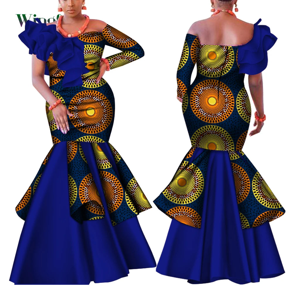 Dashiki African Dress for Women Bazin Riche One-Shoulder  Slash Neck Weddin image 0
