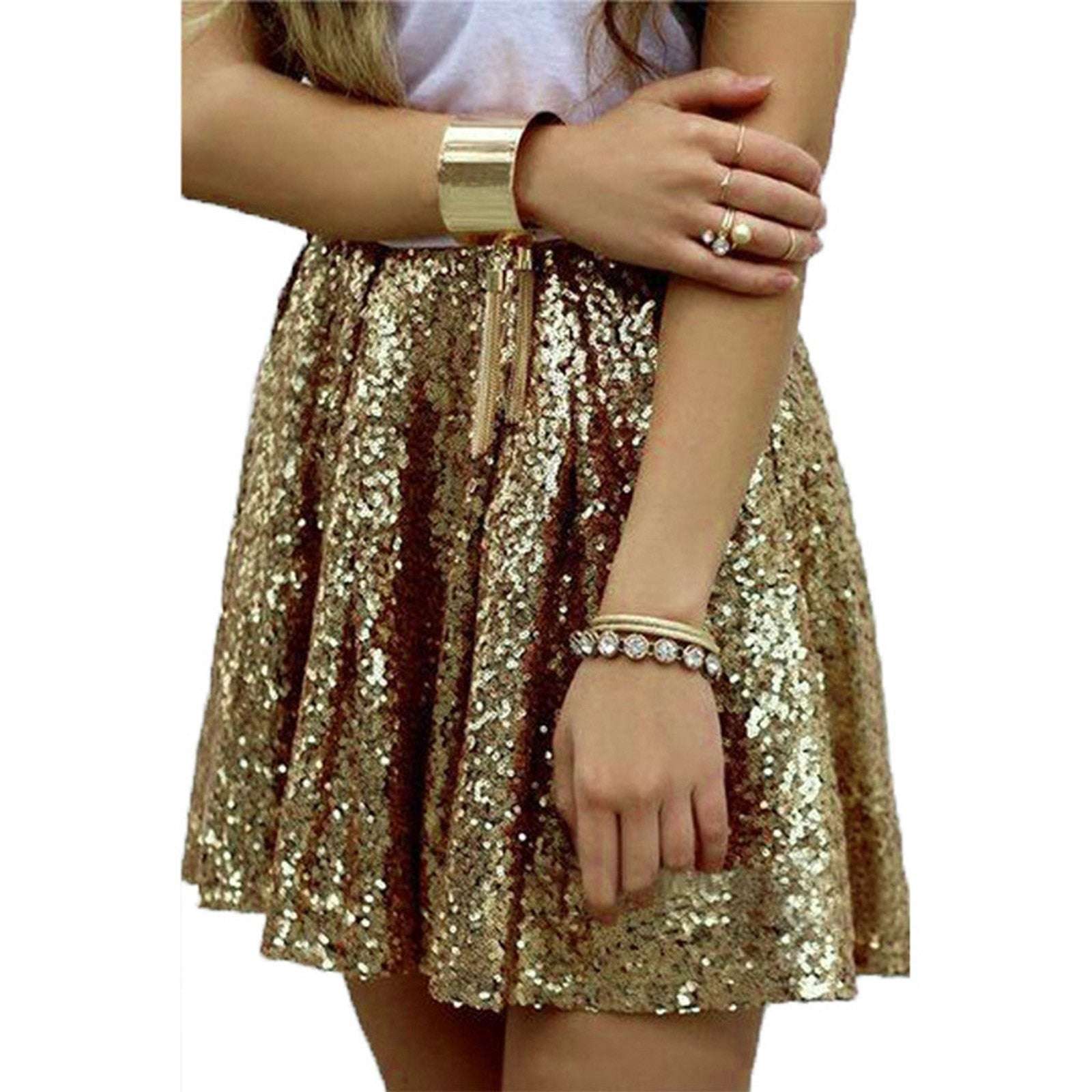 Women's Fashion High Waist Pleated Gold A-Line Short Skirt Loose Sequin Skirt P image 1