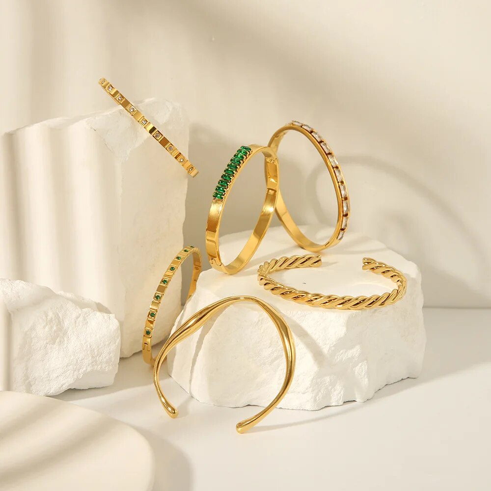 Waterproof Zirconia Cuff Bangles for Women Men 18k Gold Plated Stainless Steel  image 34
