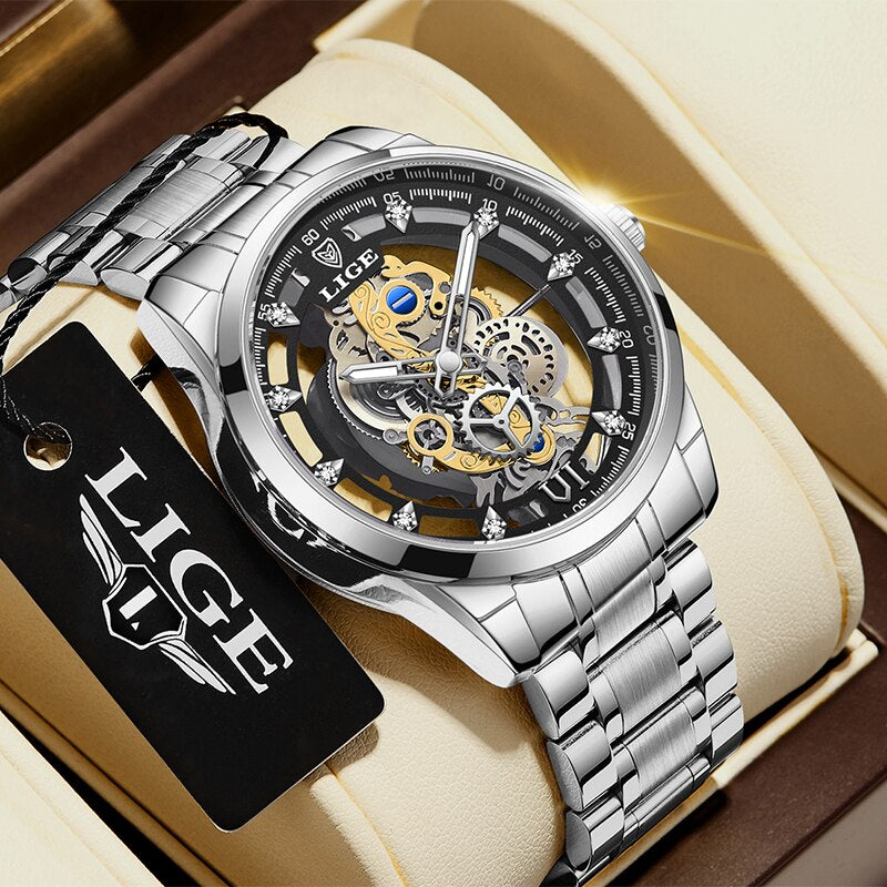 New Men Watch Skeleton Quartz Wristwatch Gold Skeleton Retro Man Watch Top Bran image 3