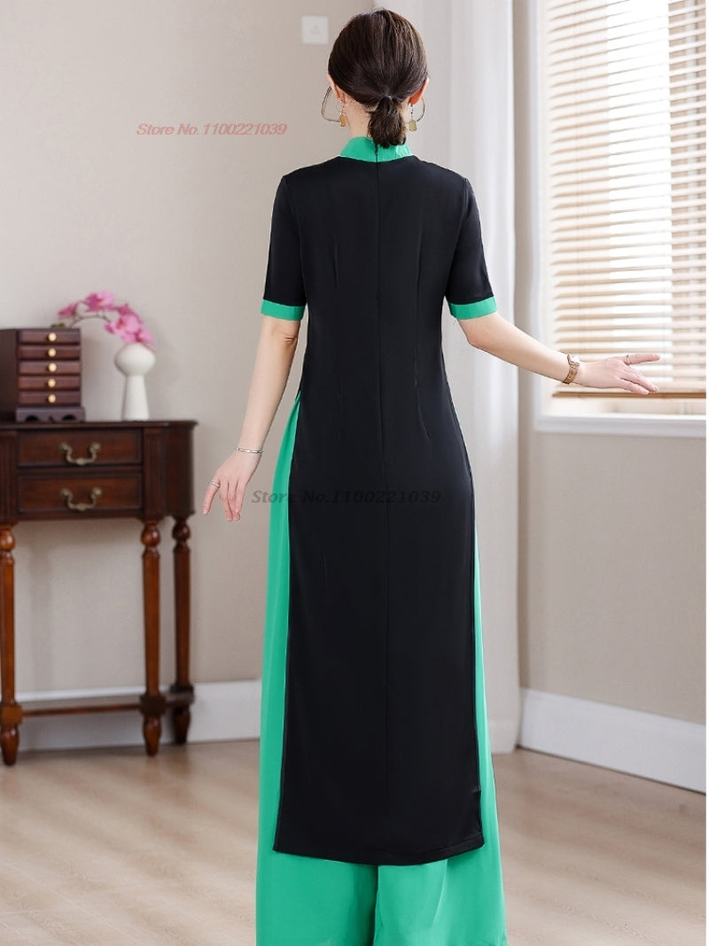 2024 traditional vietnam aodai dress+pants set flower embroidery dress ao dai v image 5