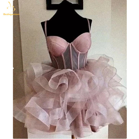 Bealegantom Sexy Spaghetti Strap Illusion Short Homecoming Dresses Organza Mini image 0