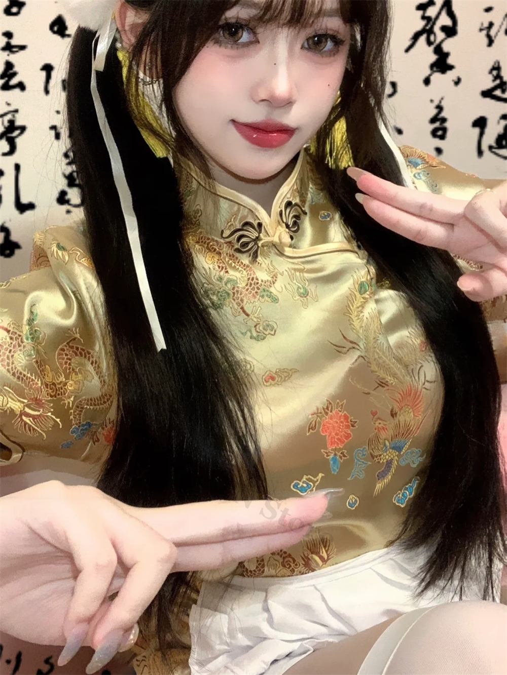 Short Cheongsams Sexy Girl Qiapo Improved Chinese Style Dress Gold Dragon Phoen image 9