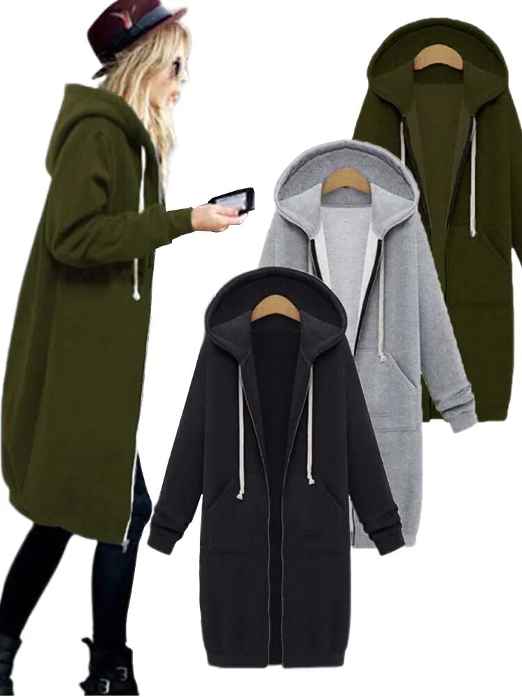 Once 2023 Casual Women Long Hoodies Sweatshirt Coat Zip Up Outer Wears Hooded J image 2
