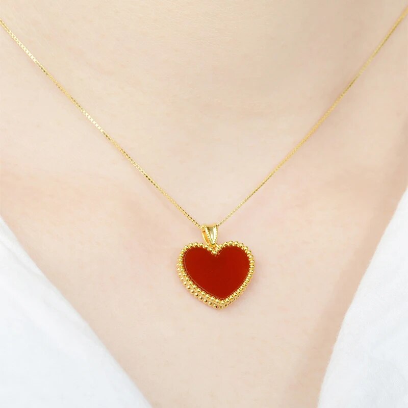 YUNLI Real 18K Gold Heart Necklace Pendant Natural Red Agate Pendant Pure AU750 image 6