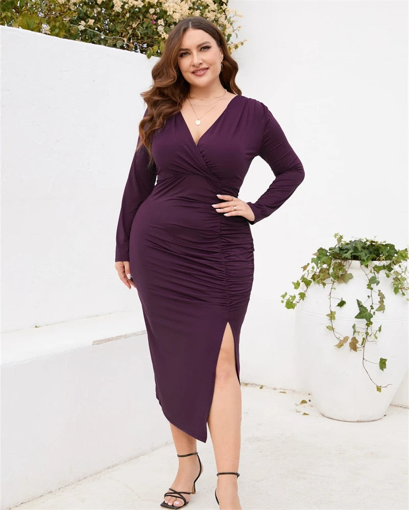 4XL 5XL Long Sleeve Solid Color V-neck Wrap Hip Skirt Slit Europe Cute Slimming image 8