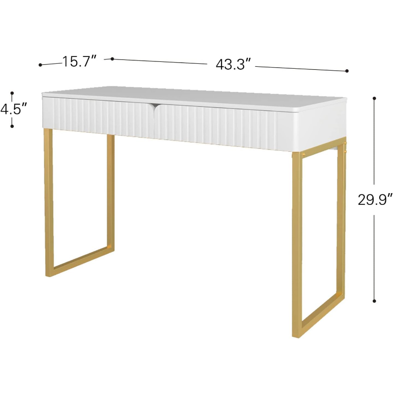 White Vanity Desk with 2 Drawers, Gold and White Desk,Home Office Desk Modern M image 6