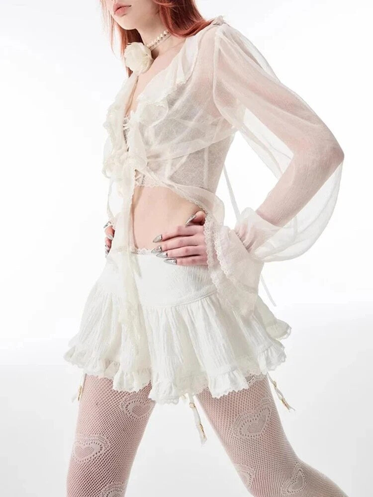 HOUZHOU Coquette Mini Skirt Women 2023 Kawaii Lace Mesh Patchwork Cute White Hi image 4