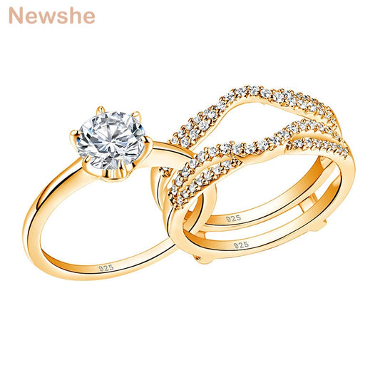 Newshe Yellow Gold Color 925 Silver Solitaire Brilliant Round Engagement Rings image 0