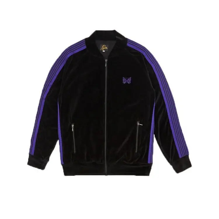 2023NOW  Japanese Retro Side Striped Velvet Embroidered Butterfly Zipper Jacket image 1