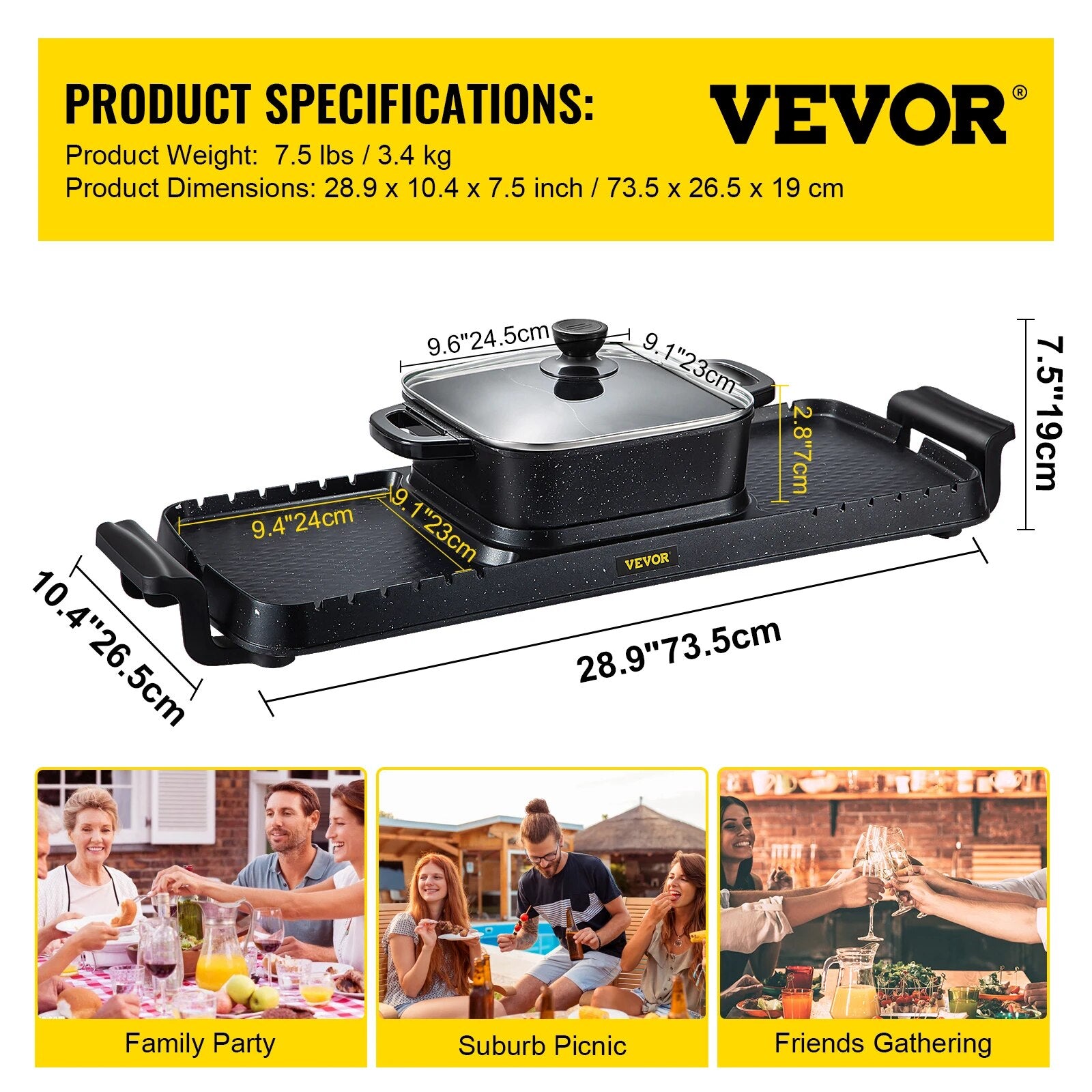 VEVOR 2in1 Electric BBQ Pan Grill Hot Pot 2400W Multifunction Home Portable Smo image 3
