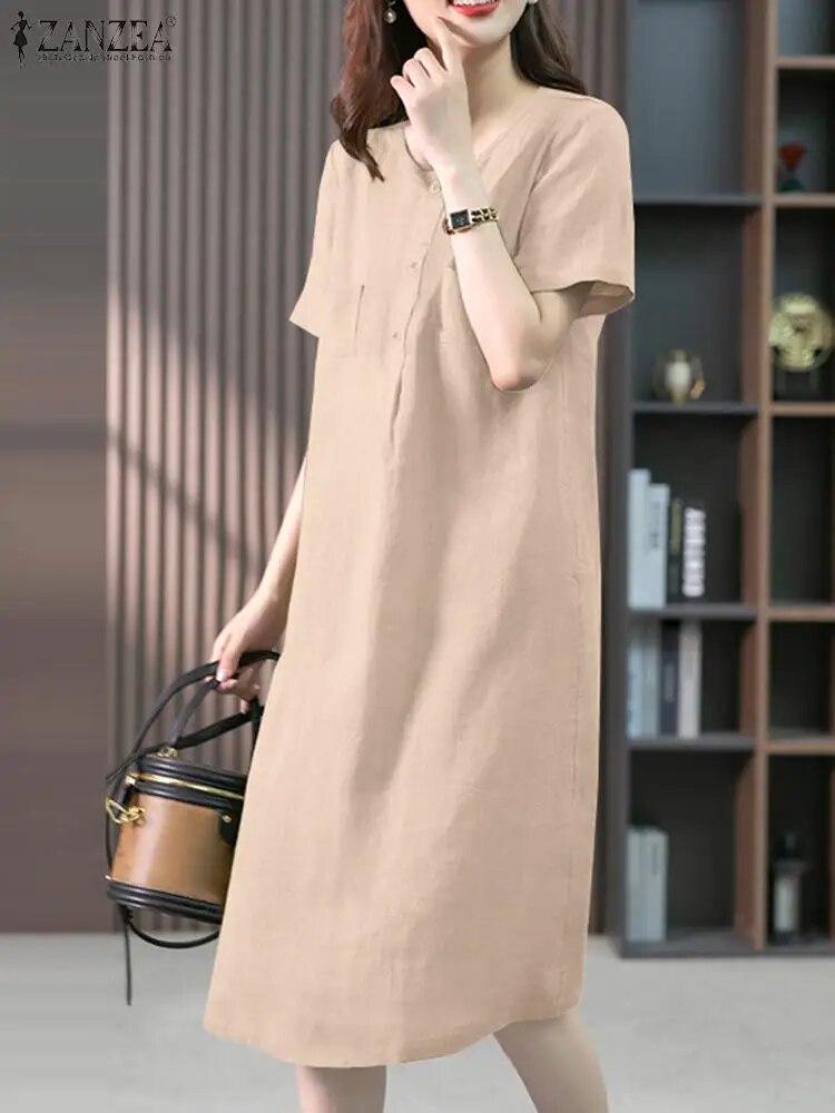 ZANZEA Women Solid Dress 2024 Summer Short Sleeve Long Robe Holiday Casual Loos image 3