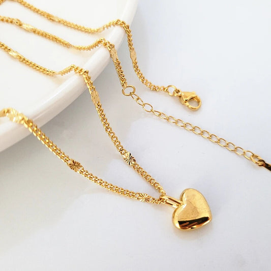 24K Yellow Gold Plated Charm Necklaces For Women Heart Pendant Necklace Chain C image 0