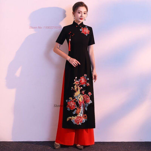 2024 woman vintage aodai vietnam traditional flower embroidery vietnam robes an image 0